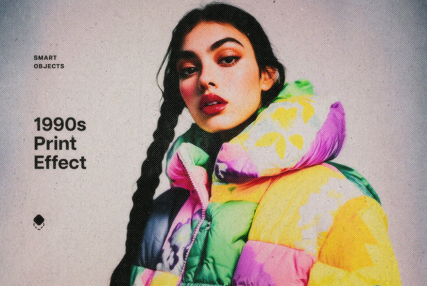Colorblock portrait mockup with 1990s halftone print effect of woman in vibrant jacket