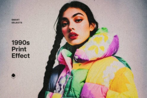 Colorblock portrait mockup with 1990s halftone print effect of woman in vibrant jacket
