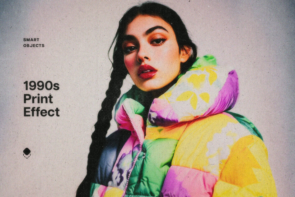 Colorblock portrait mockup with 1990s halftone print effect of woman in vibrant jacket