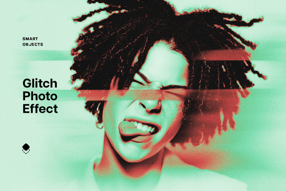 Smiling face with red green glitch effect overlay text design element