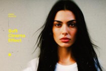 Woman with long dark hair in white tee looking straight ahead, yellow text overlay reading Soft Cinema Effect