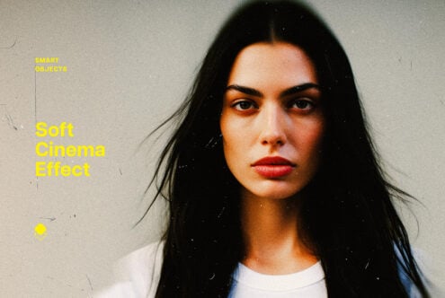 Woman with long dark hair in white tee looking straight ahead, yellow text overlay reading Soft Cinema Effect
