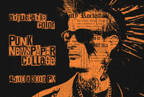 Orange punk newspaper collage with rockstar portrait burst effect 4500x3000px file