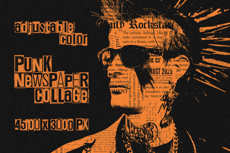 Orange punk newspaper collage with rockstar portrait burst effect 4500x3000px file