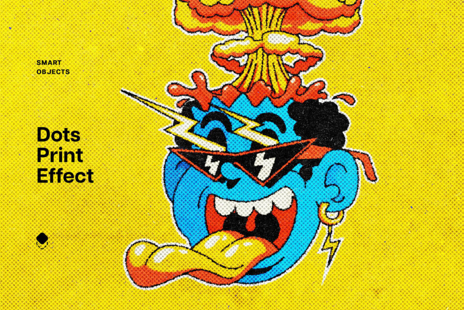 Chaotic pop art face with explosion above it on bright yellow halftone background