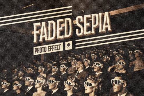 Vintage sepia halftone of crowd wearing 3D glasses labeled faded sepia photo effect