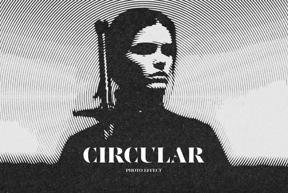 Man wearing blindfold surrounded by concentric circular lines with text