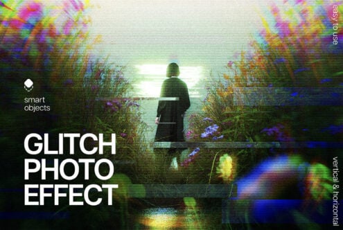 Person standing in forest facing light, scan line glitch photo effect mockup