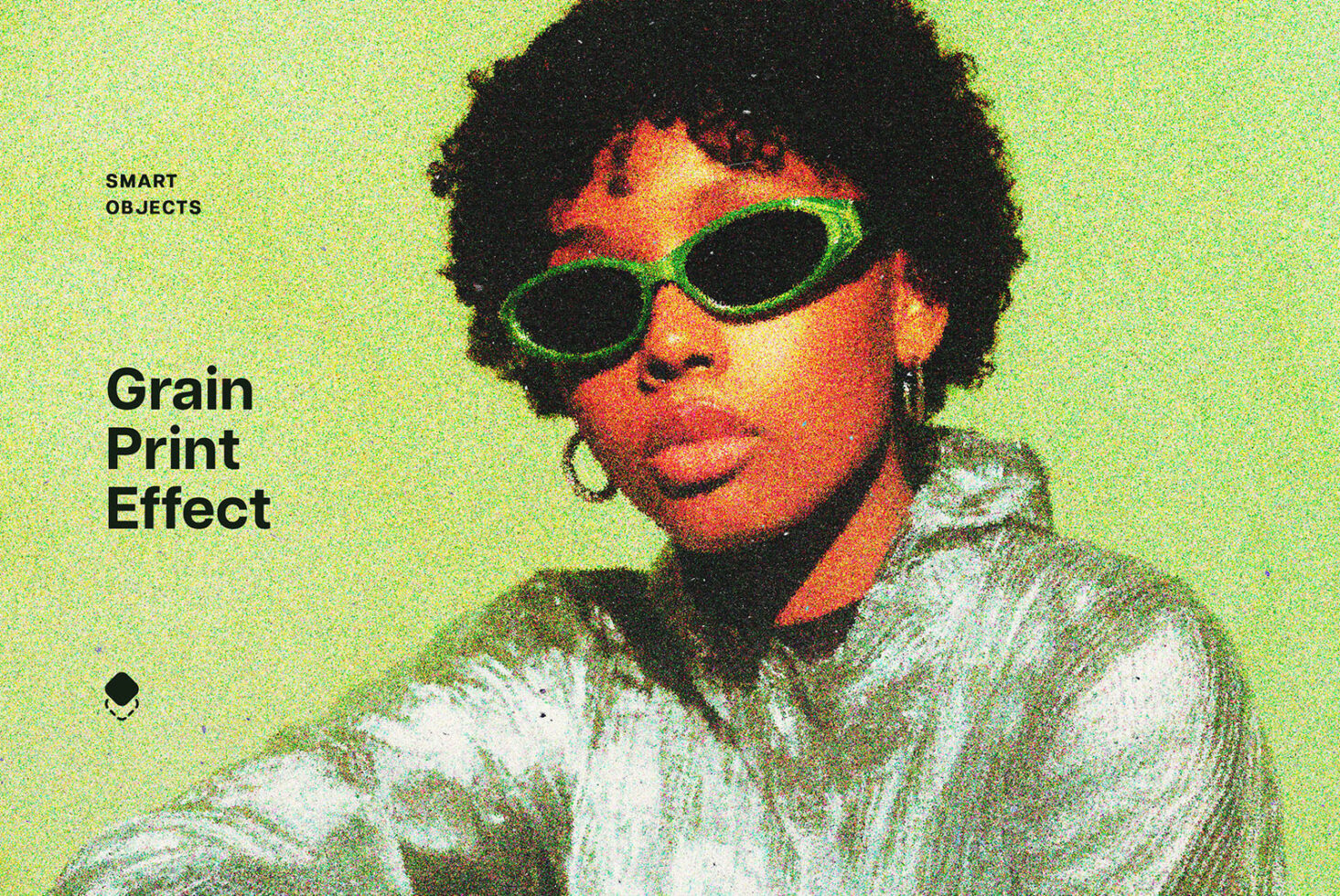 Person in sunglasses with neon grain effect on lime yellow background