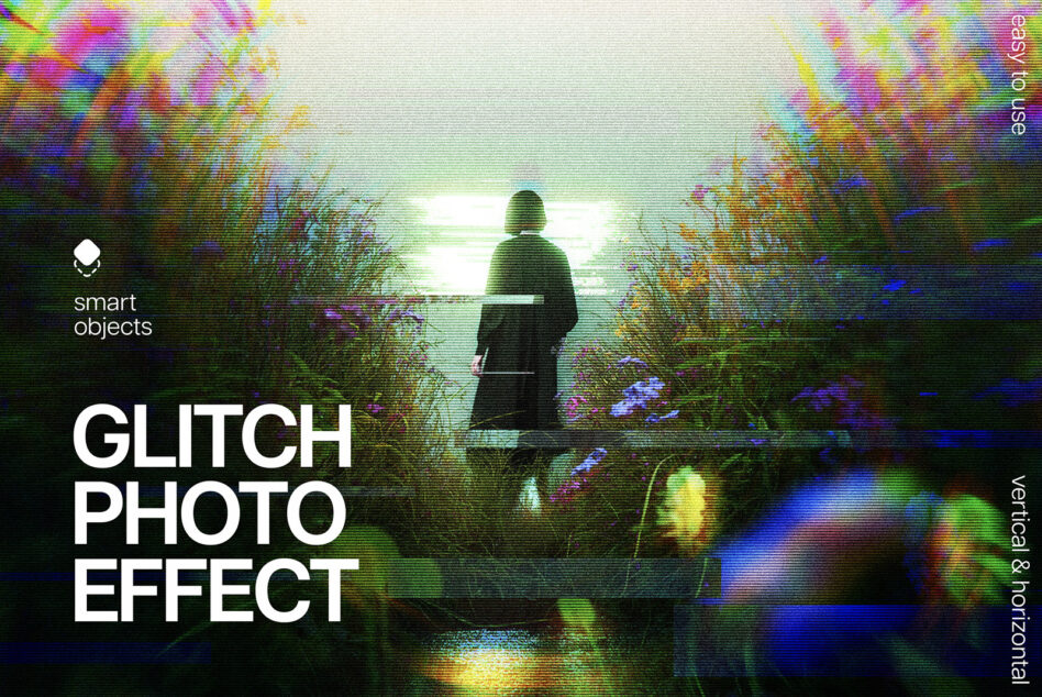 Person standing in forest facing light, scan line glitch photo effect mockup