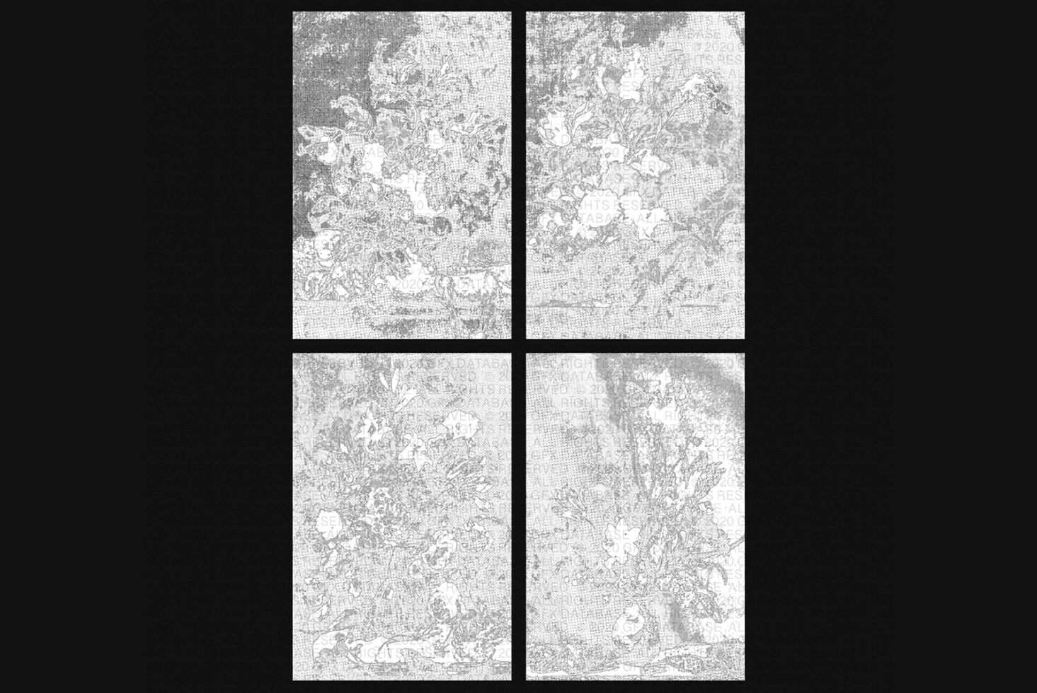 Four grayscale floral pattern textures with intricate botanical line art designs