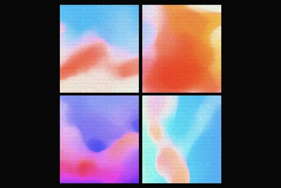 Four vibrant gradient textures in blue pink orange cyan with blurred shapes