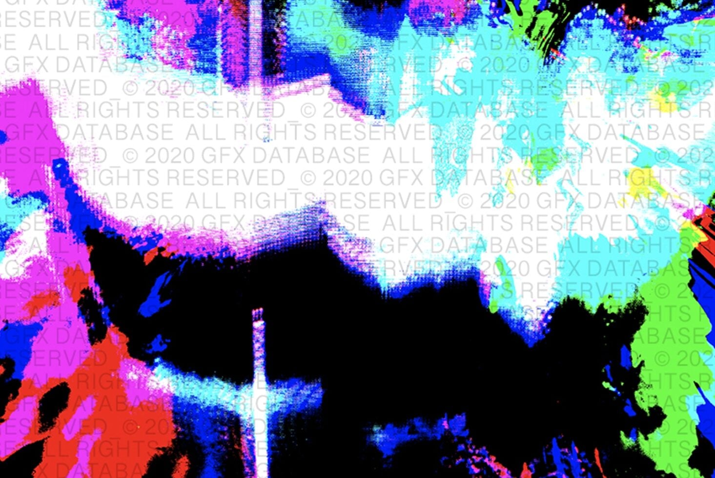 Neon pixelated shapes in magenta cyan lime green over grayscale copyright text