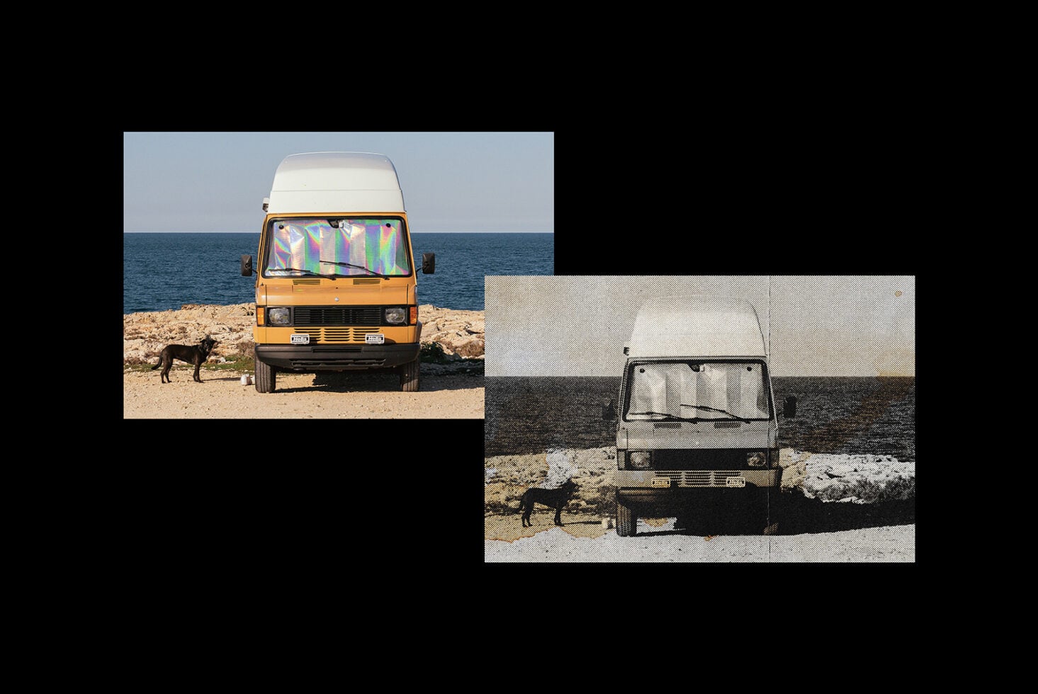 Two camper vans parked on beach, yellow one left with rainbow windshield, white one right