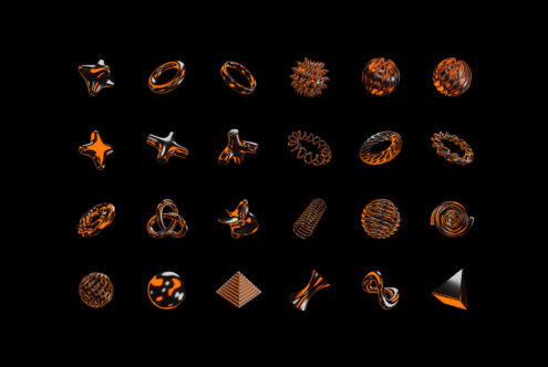 24 glossy orange 3D elements with various geometric patterns