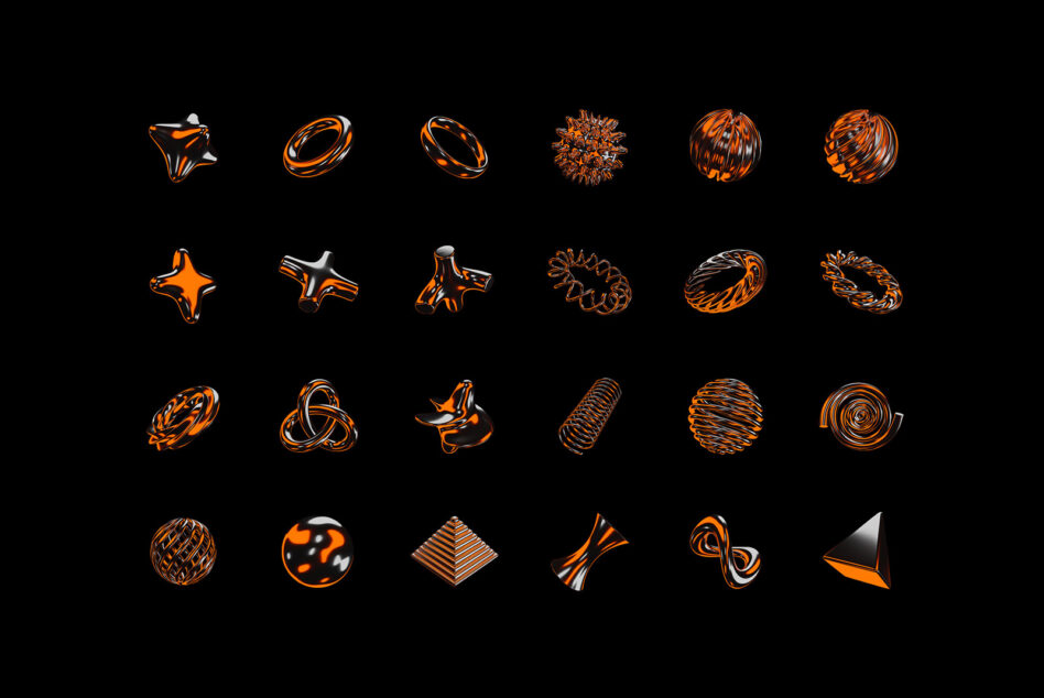 24 glossy orange 3D elements with various geometric patterns