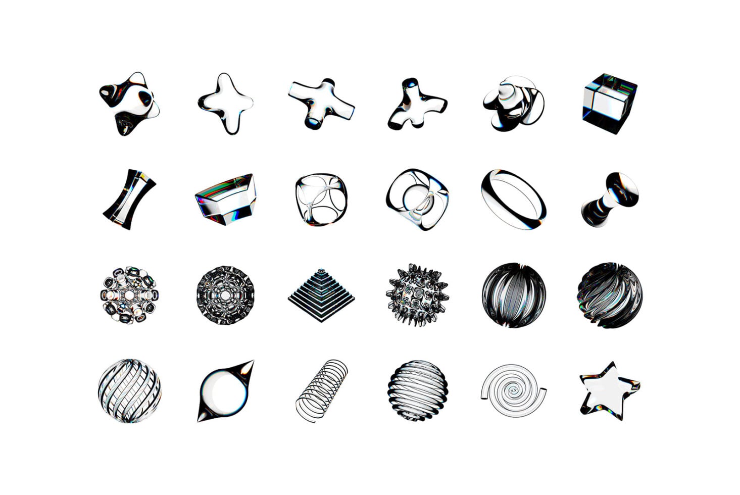 24 shiny 3D shapes with chrome accents, stars, spheres, cylinders, diamonds