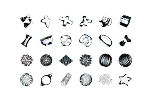 24 shiny 3D shapes with chrome accents, stars, spheres, cylinders, diamonds