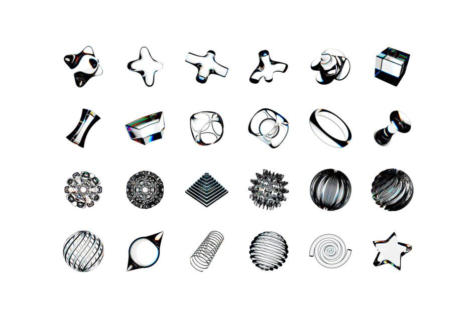 24 shiny 3D shapes with chrome accents, stars, spheres, cylinders, diamonds