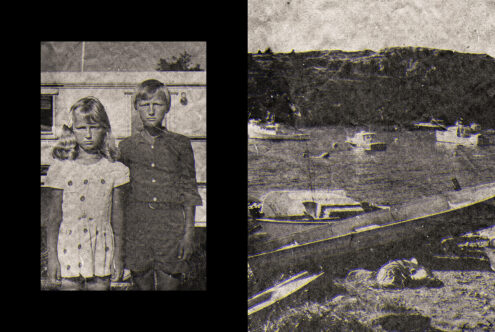 Vintage split screen with two children on left, coastal landscape on right