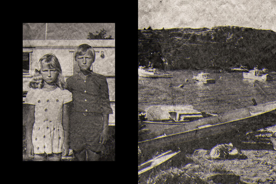 Vintage split screen with two children on left, coastal landscape on right