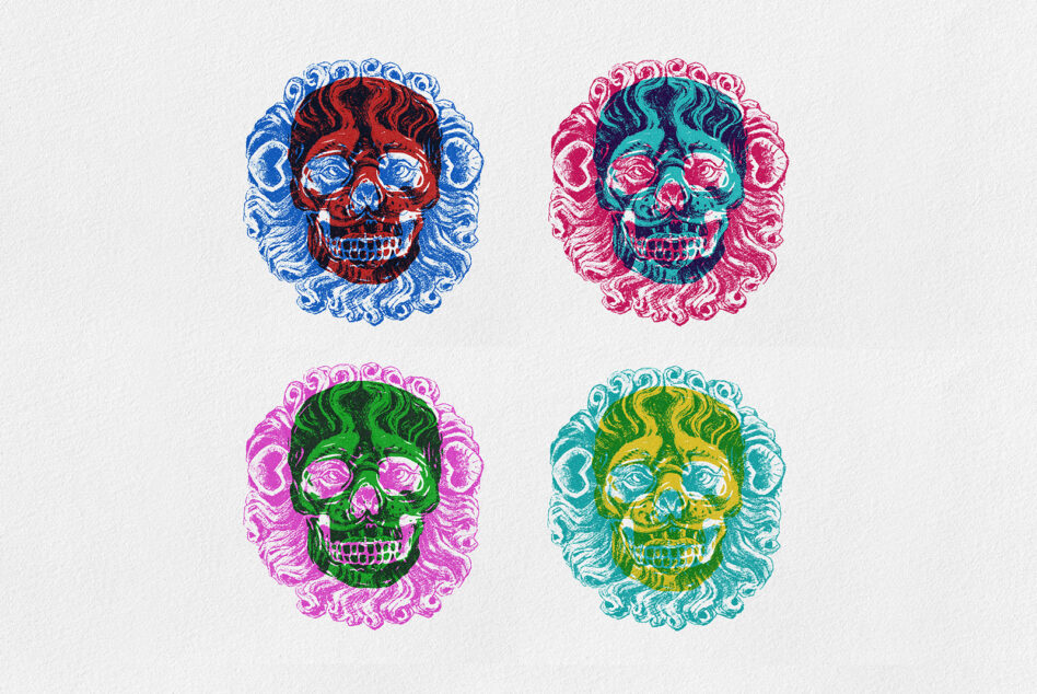 Four decorative skulls with ornate hair wreaths in vibrant pop art color combinations