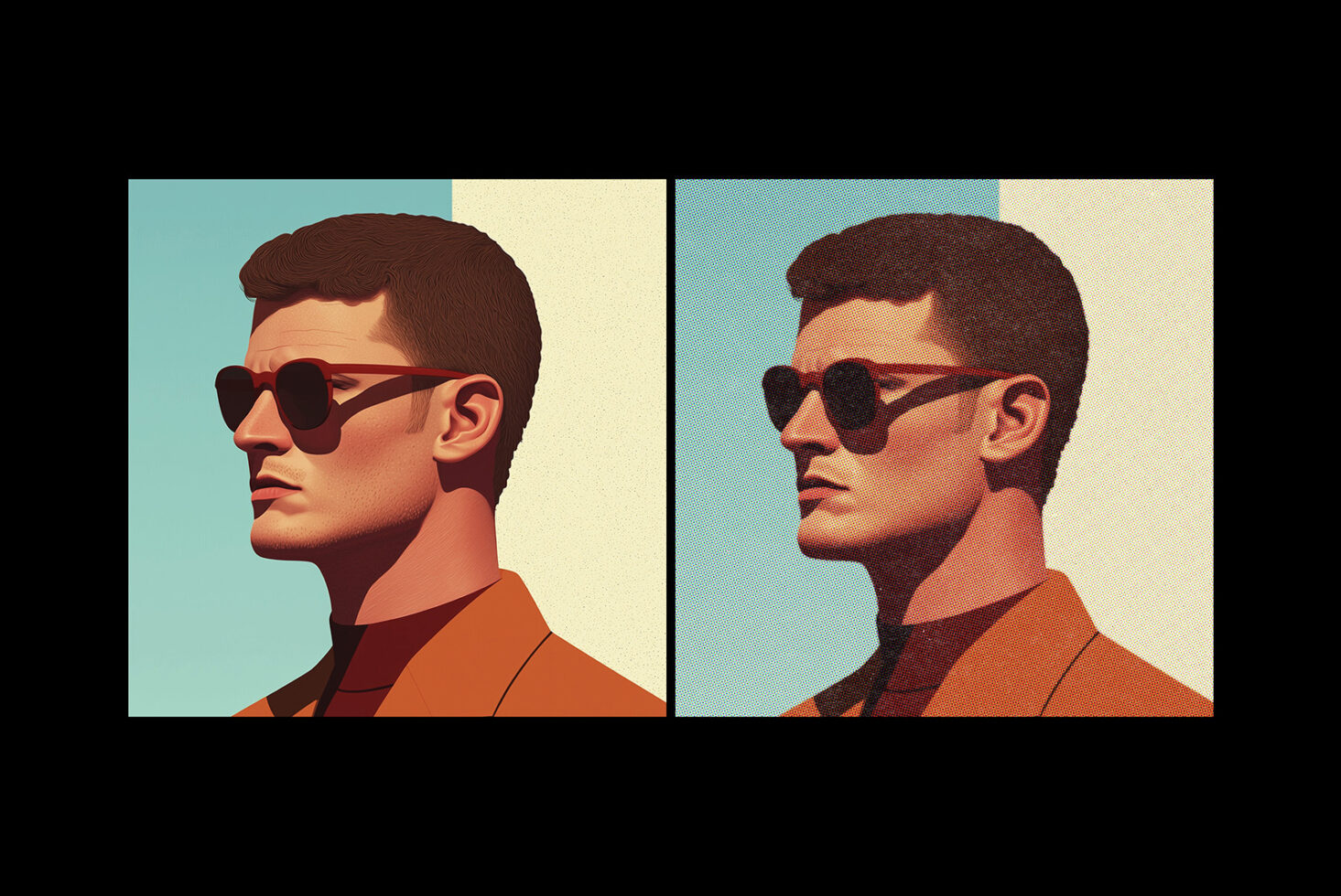 Two side-by-side pop art portraits of man in sunglasses with different color backgrounds