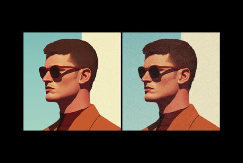Two side-by-side pop art portraits of man in sunglasses with different color backgrounds