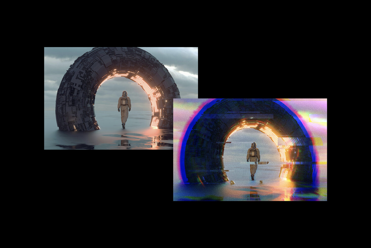 Sci-fi archway with astronaut before, same scene with neon glitch effect after