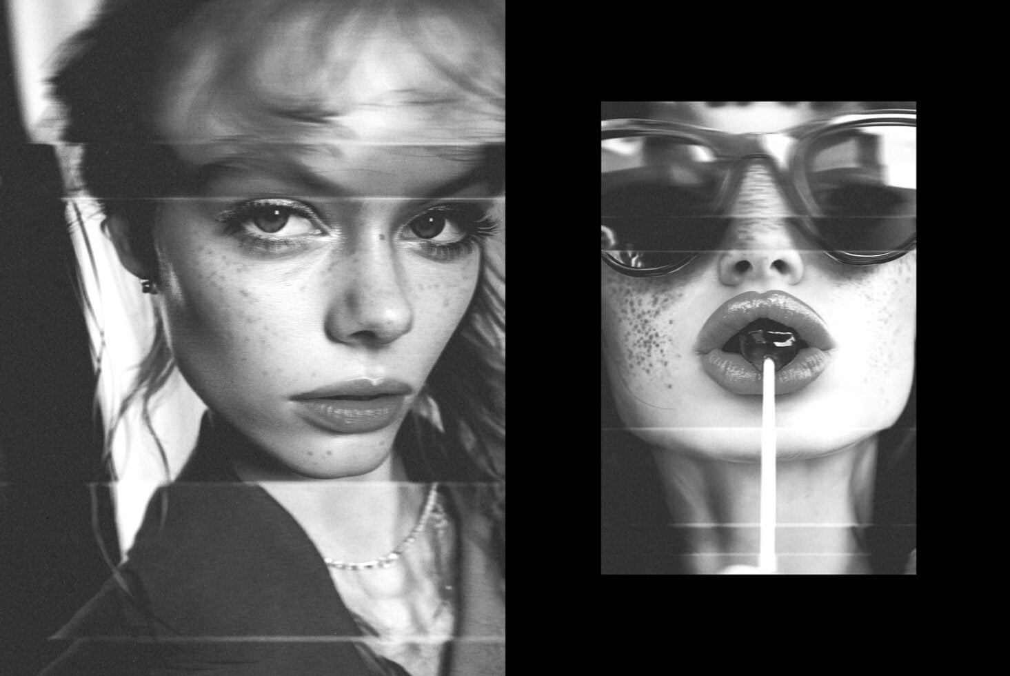 Two black-white portrait photos with glitch effect, left shows woman's face, right shows woman in sunglasses