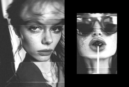 Two black-white portrait photos with glitch effect, left shows woman's face, right shows woman in sunglasses
