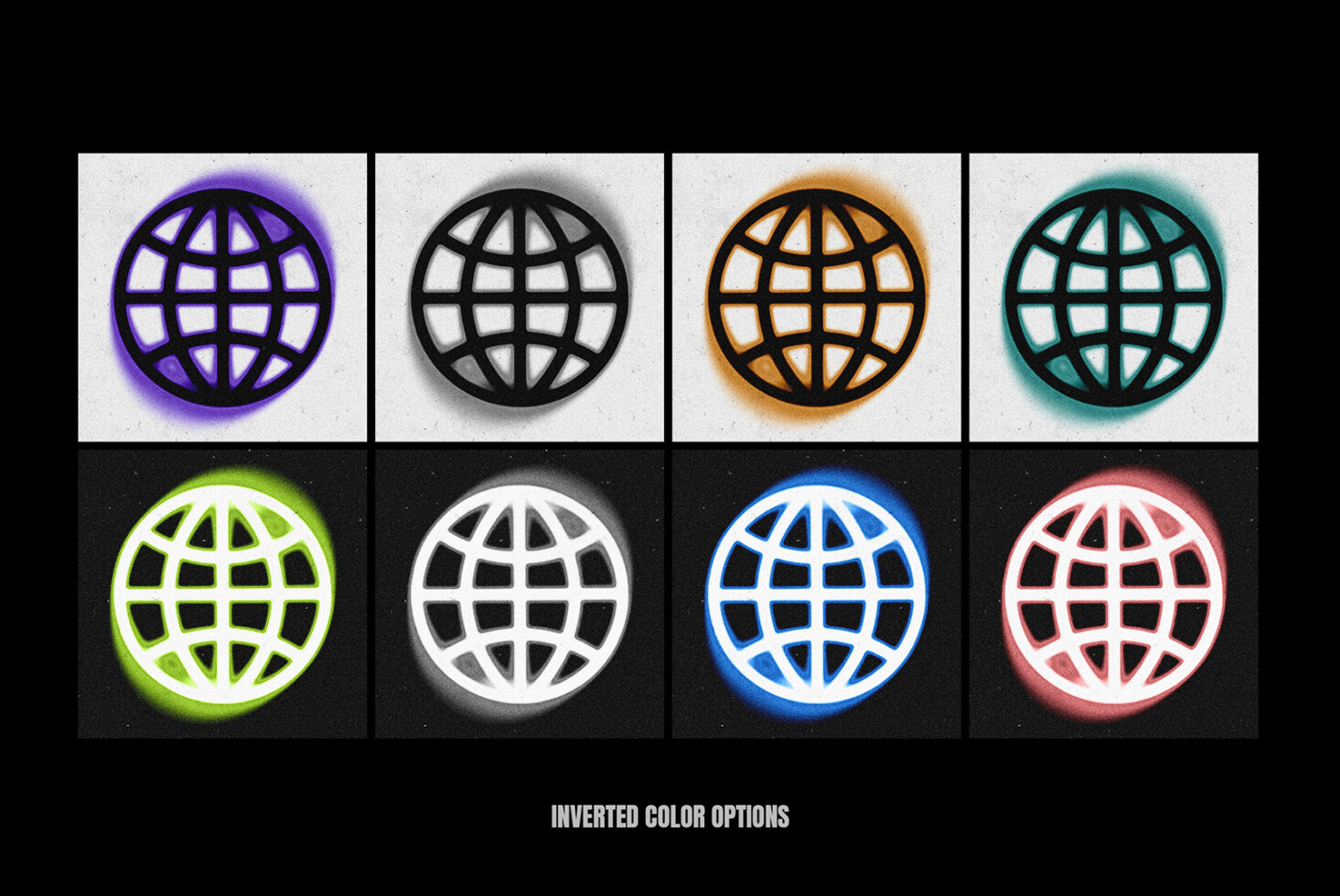 Grid of 8 glowing globe icons in purple, black, orange, teal, lime, white, blue, pink