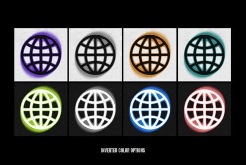 Grid of 8 glowing globe icons in purple, black, orange, teal, lime, white, blue, pink
