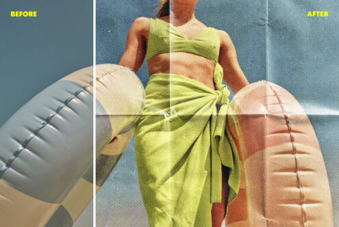Before after color grading comparison showing woman in yellow beach outfit side by side