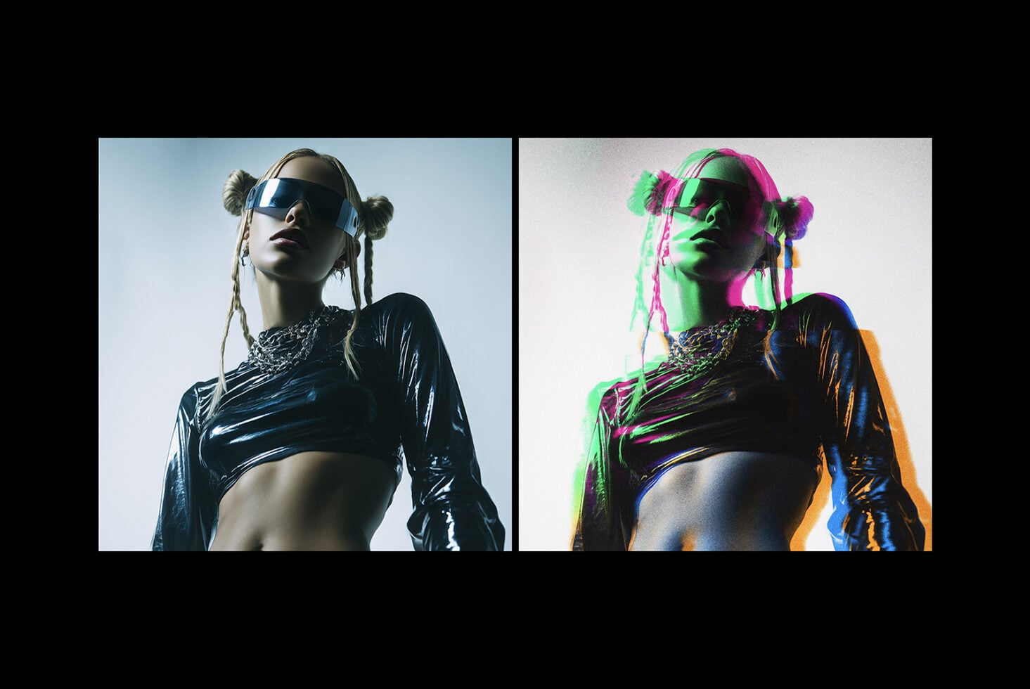 Split screen showing futuristic portrait in cool tones left, same image with neon glitch effect right