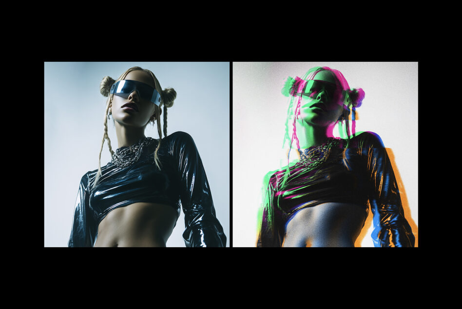 Split digital mockup of a futuristic fashion model in two styles modern, glitch effect. Ideal for graphic design inspiration, editorial visuals, templates.