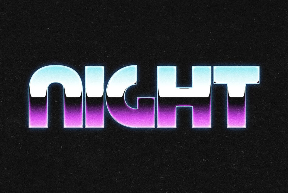 Neon text in cyan magenta glow on black background with chrome shine