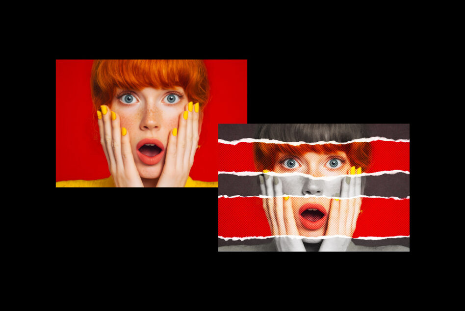 Woman with shocked expression in solid red, torn paper version with halftone effect