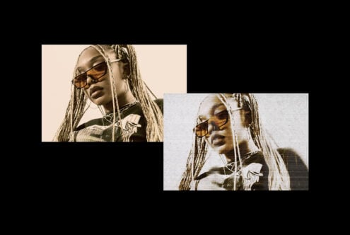 Two overlapping shots of person wearing sunglasses, chains, blonde braids on cream
