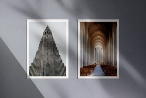 Pair of framed photos showing gothic architecture interior with white mats