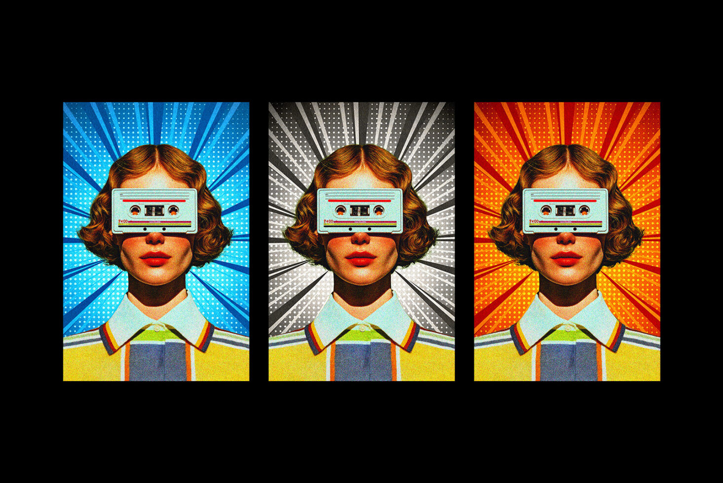 Three cassette tape mockup variations in blue, gray, orange with radiating retro backgrounds