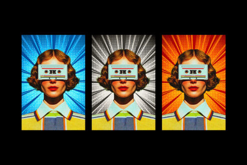 Three cassette tape mockup variations in blue, gray, orange with radiating retro backgrounds