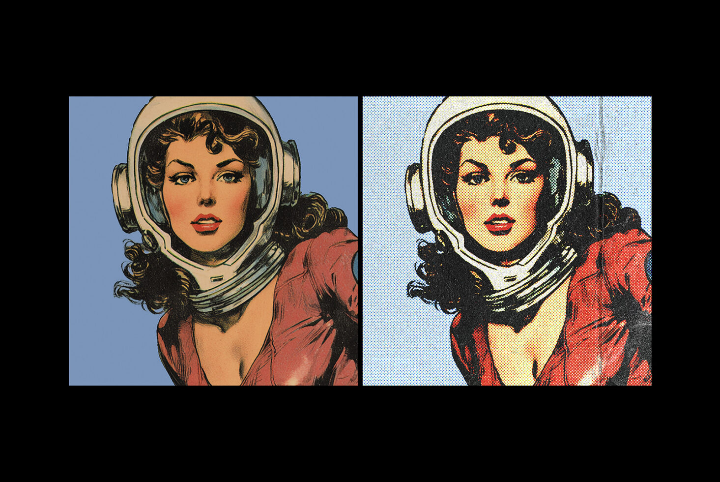 Two versions astronaut woman in helmet, blue background left, light right