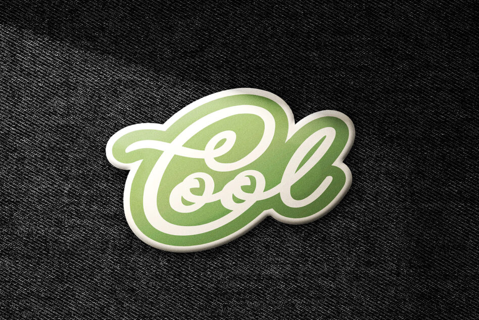Green script sticker with cursive Cool text on textured dark background