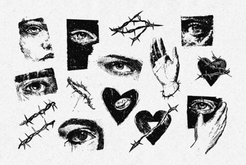 Mix of moody ink drawings featuring eyes, hands, thorny hearts, various textures