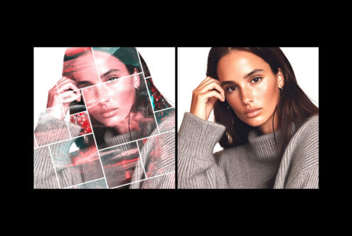 Before after double exposure mockup showing portrait with layered imagery effect side by side