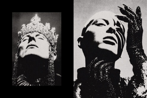 Monochromatic halftone portraits of elaborately costumed figures