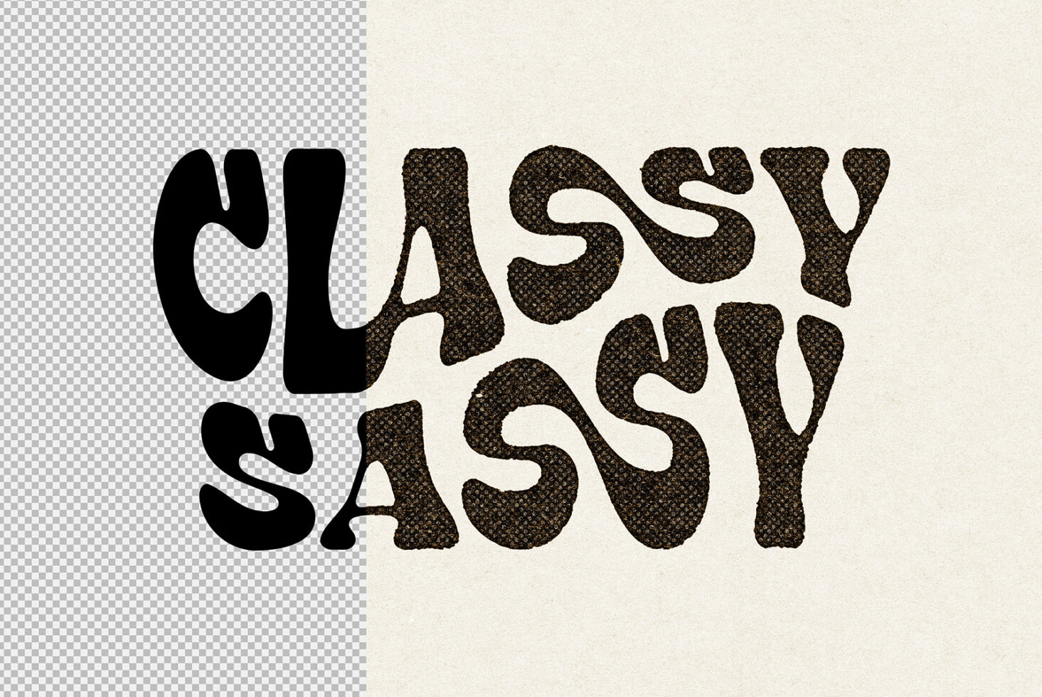 Wavy sans serif font with dotted texture fill showing sassy vibes text