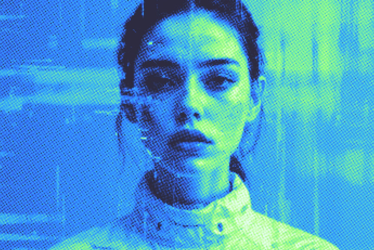 Man's face pixelated in blue to neon yellow gradient halftone effect