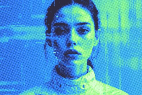 Man's face pixelated in blue to neon yellow gradient halftone effect